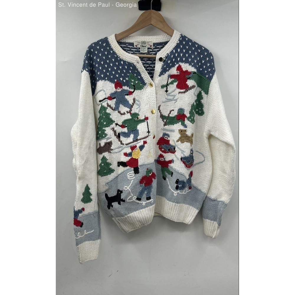 Orvis Vintage Ski Tight Knit Sweater Women's XL Blue White FLAWS